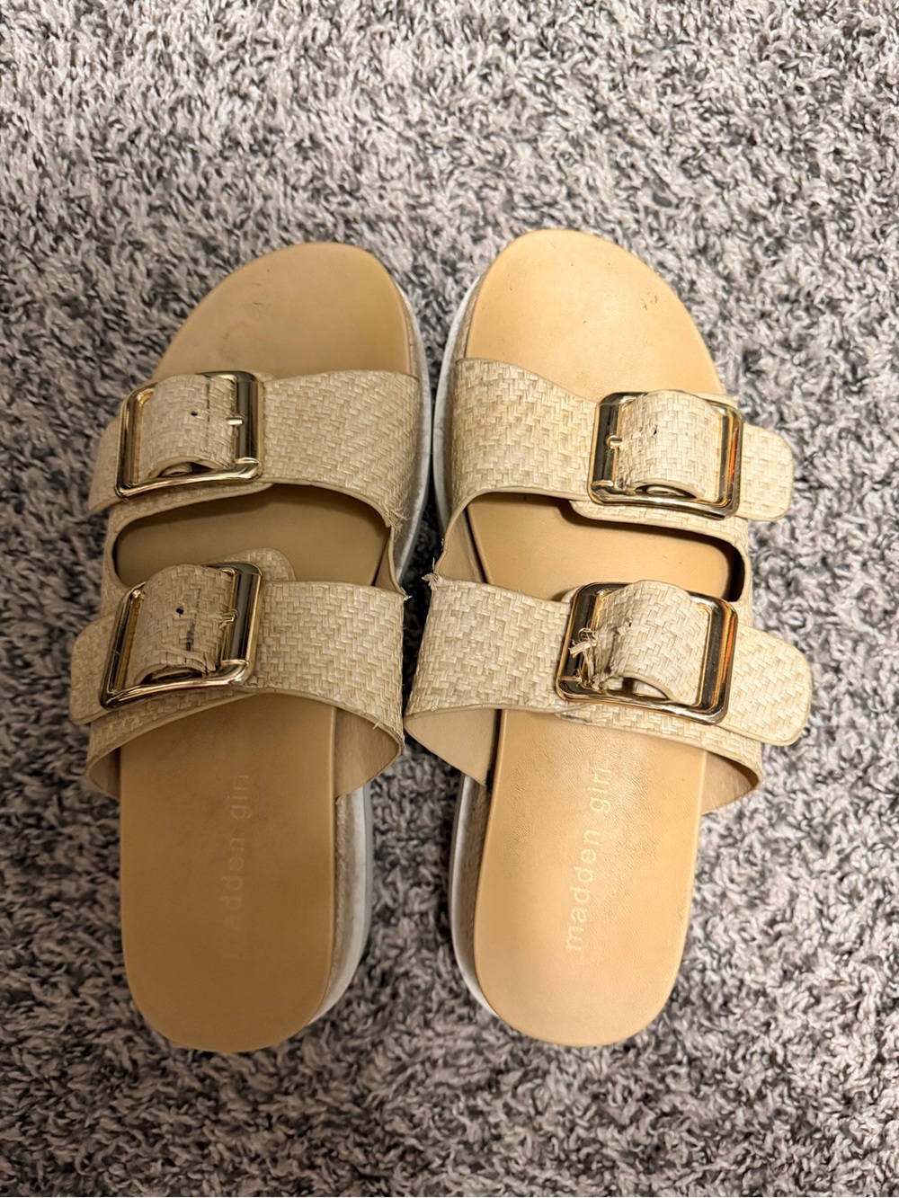 Madden Girl Tan Woven Double-Buckle Slide Sandals with Gold Buckles